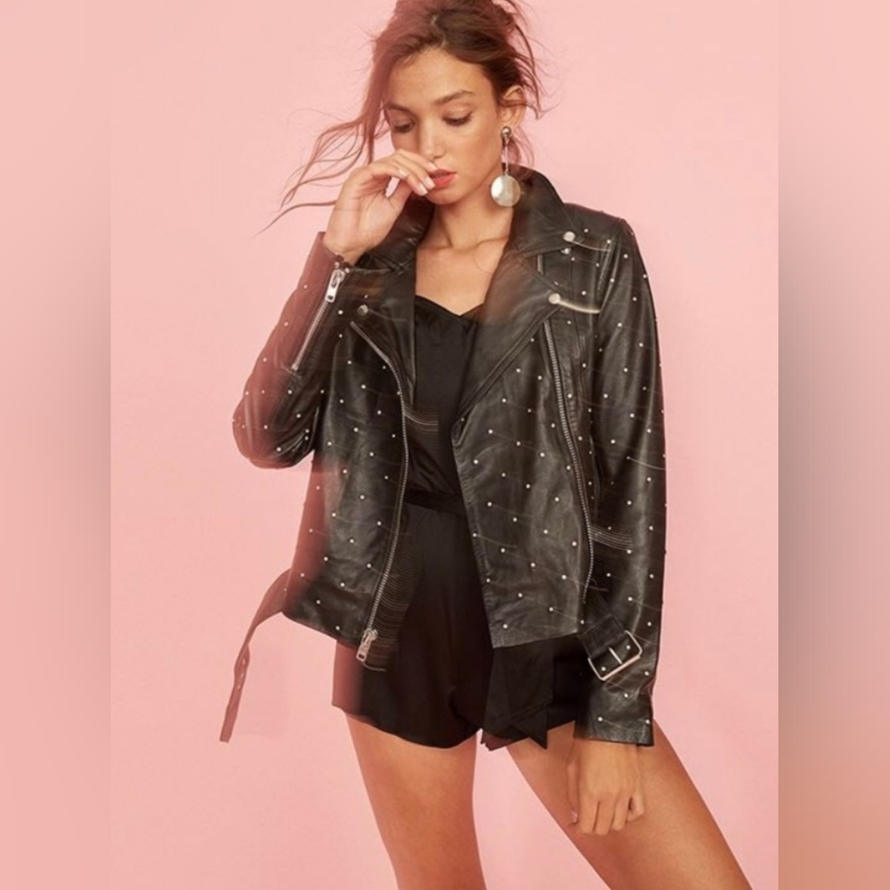 LPA Rhinestone Studded Leather Moto Jacket 175